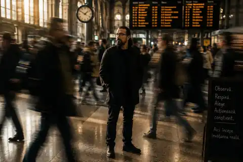 Bogdan Vizitiu nemișcat într-o gară aglomerată, în contrast cu oamenii în mișcare